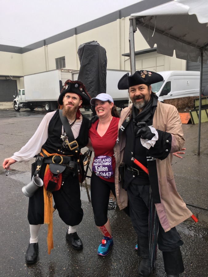 Just before mile 10, the Pirates of Portlandia. Worth taking out my phone into the rain for.
