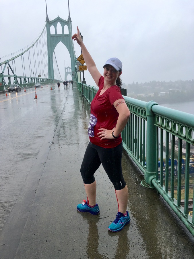 A soggy celebration for reaching mile 17 atop the St. Johns Bridge!
